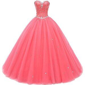 Women's Pink Sweetheart Ball Gown Tulle Quinceanera Prom Dress